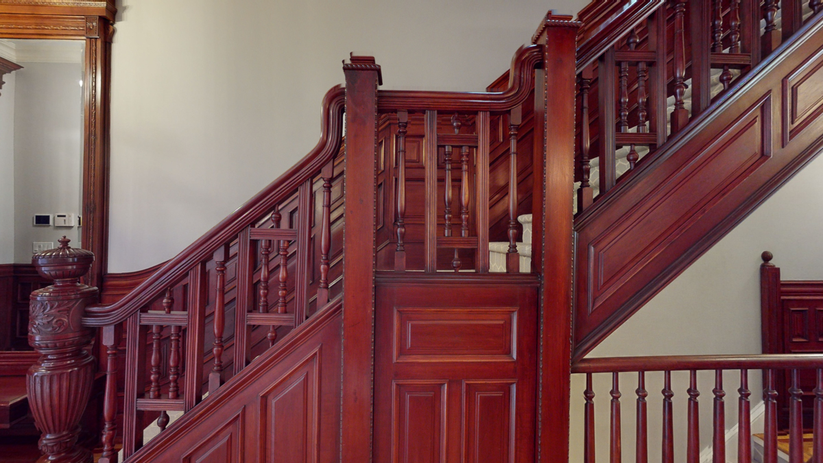 Looking at the ornate staircase.